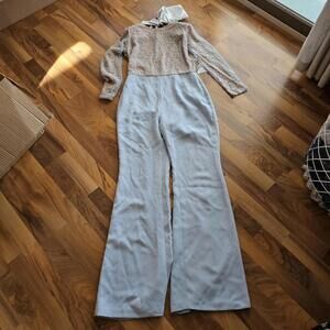 Nadine Merabi Jumpsuit Misha Large Blue Sequin Beaded Long Sleeve size 10